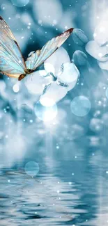 Blue butterfly over water with floral and bokeh background.