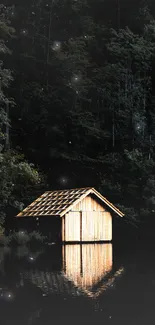 A tranquil cabin reflecting in a dark forest lake, creating a serene mobile wallpaper.