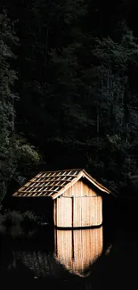 A serene cabin reflected on a calm lake with a dark forest backdrop.