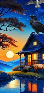 A cozy cabin by a lake under a vibrant twilight sky with a crow and horse.