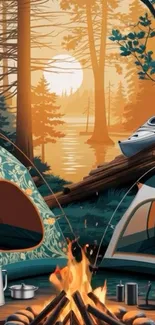 Camping scene with tents, campfire, and kayak by a sunset-lit lake.