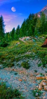 Camp scene with orange tent under twilight sky in green mountain landscape.