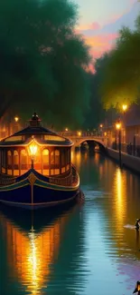 Serene evening canal with boat and glowing lanterns reflecting on water.