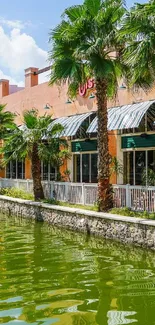 A vibrant street with canal and palm trees.