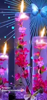 Glowing candles with butterflies and flowers in a serene wallpaper.