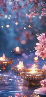 Glowing candles and cherry blossoms wallpaper
