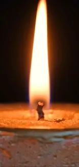 Close-up of a candle flame glowing softly in the dark.