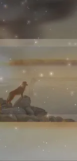 Dog by a misty lake with warm tones and sparkling stars in a serene setting.