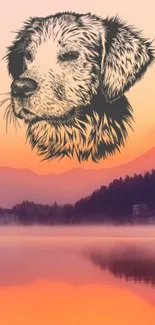 Dog sketch over a serene sunset lake view.