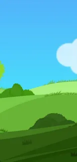 Cartoon landscape with green hills and blue sky.