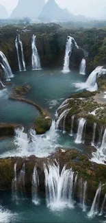 A serene view of cascading waterfalls surrounded by lush greenery.