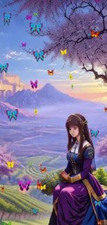 Anime-style art with a castle, mountains, and a figure in purple under cherry blossoms.