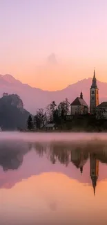 Serene castle by a lake at sunset with misty reflections.