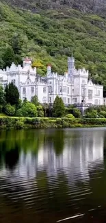 Beautiful castle by a lake with lush greenery in a serene setting.