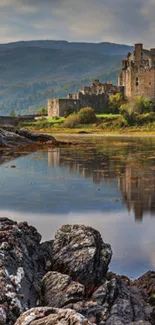 Peaceful lakeside castle under cloudy sky.