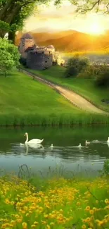 Serene wallpaper of a castle by a pond with swans under a sunset glow.