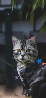 A serene cat with striking eyes surrounded by leaves and stars on a dark background.