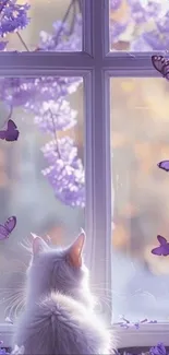 White cat gazing at purple butterflies through a floral window.