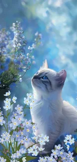 Cute cat surrounded by blue flowers in a serene mobile wallpaper.