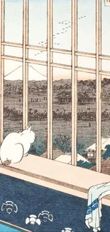 Cat sitting by window in Japanese landscape art scene.