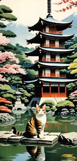 Cat sitting by a pond in a Japanese garden with pagoda.