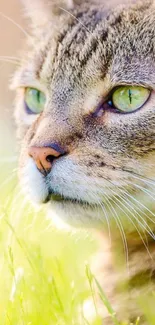 Close-up shot of a serene cat basking in sunlight on grass.