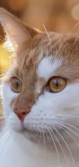 Close-up of orange and white cat with blurred warm background.