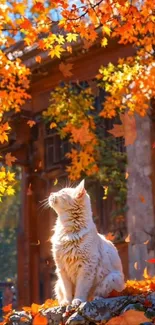 White cat sitting among autumn leaves in a serene, colorful setting.