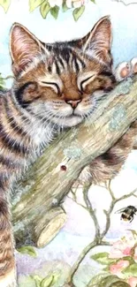 Charming cat resting on a blossom tree branch in watercolor style.