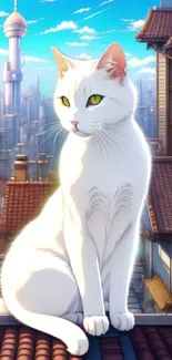 White cat sitting on a rooftop against a bright cityscape background.