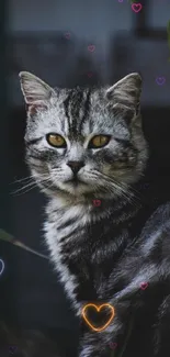 A tabby cat sits calmly under evening light surrounded by green leaves.