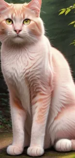 Peach cat sitting calmly in a lush green forest.