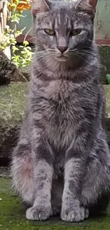 Serene gray cat sitting in a garden.