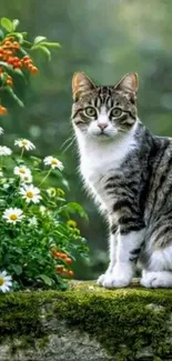 Tabby cat sitting in a vibrant garden with flowers and foliage.