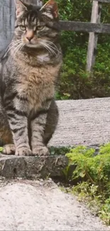 Majestic cat sitting outdoors on a nature-filled path.