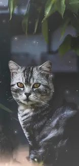 Serene cat sitting among green leaves with a dark grey fur coat.