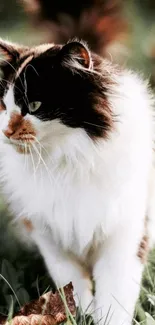 Fluffy cat walking through green meadow background.