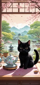 Black cat with cherry blossoms and tea setup in a serene Japanese landscape.