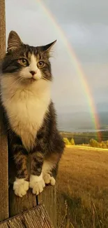 Cat perched on fence with a rainbow in the sky.