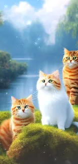 Cats sitting by a calm river in nature.