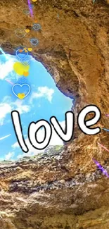 Serene beach cave with ocean view and love inscription.