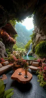 Beautiful cave oasis with waterfall and greenery.