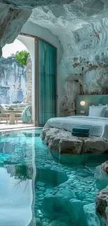 A tranquil cave bedroom with turquoise waters and rocky ambiance.