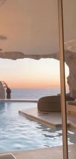 Cave pool overlooking ocean at sunset.