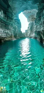 Turquoise waters flowing through a majestic rock cave.