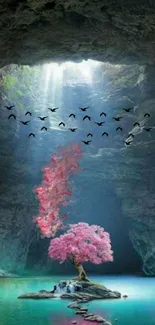 Pink tree blooms under sunlight in serene cave with flying birds.