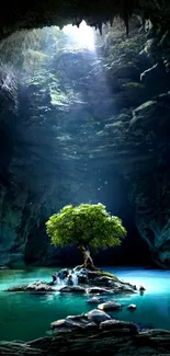 Emerald cave with a small tree and tranquil waters.