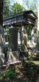 Serene cemetery with historic gravestones.