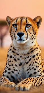 A cheetah resting in the savannah at sunset, creating a serene wildlife scene.