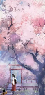 Serene cherry blossom artwork with figures under a tree.